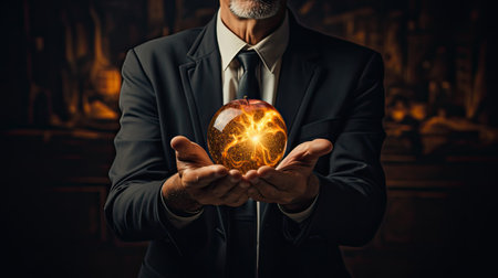 Close-up of businessman holding crystal ball in his hands on dark backgroundの素材