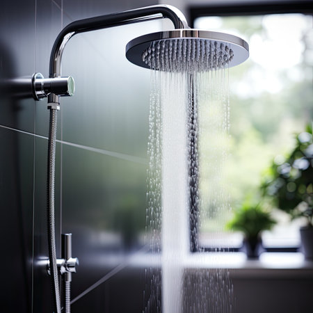 The shower head in the modern bathroom. Shower head with water dropsの素材