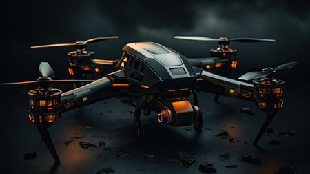 Drone with digital camera on dark background. 3d illustration.の素材