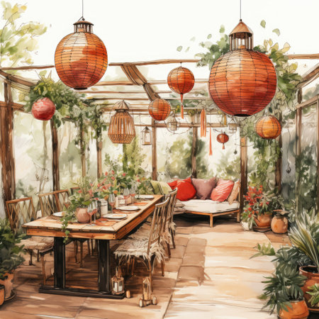 Interior of a cozy terrace with wooden tables and chairs.の素材