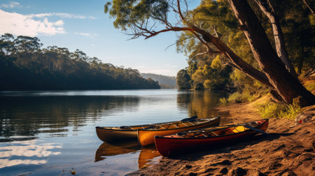 Kayak on the shore of the lake in the morning,の素材