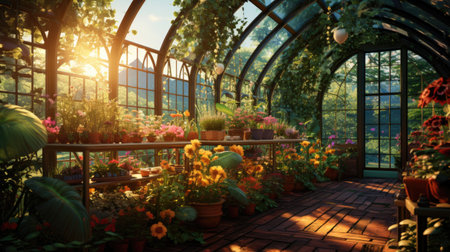 Beautiful garden with flowers and sunlight in the morning, vintage toneの素材