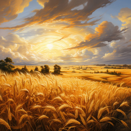 Sunset over wheat field with clouds in the sky.の素材