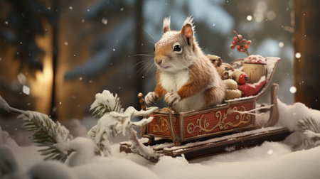 Cute squirrel sitting in wooden sleigh with christmas decoration on snowの素材