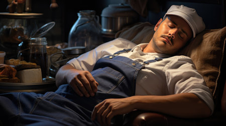 Young man sleeping on a couch in the kitchen. He is wearing a white cap.の素材