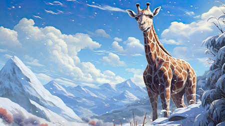 Giraffe in the snowy mountains.の素材