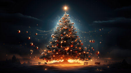 Christmas tree in winter landscape with snow and light bulbs.の素材