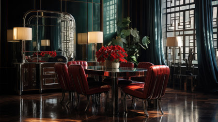 Dining room with red chairs and table. Evening lighting.の素材