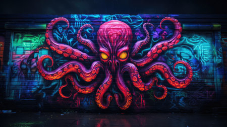 Graffiti on the wall of a building at night in Cityの素材