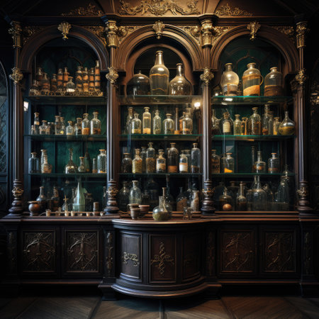 Beautiful interior of an old bar with bottles and candlesticksの素材