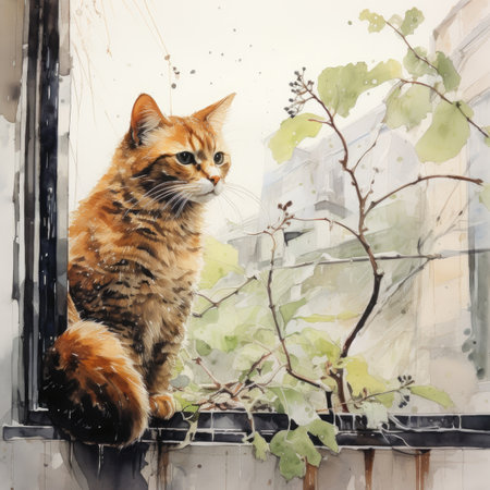 Watercolor Cat on the windowsill.の素材