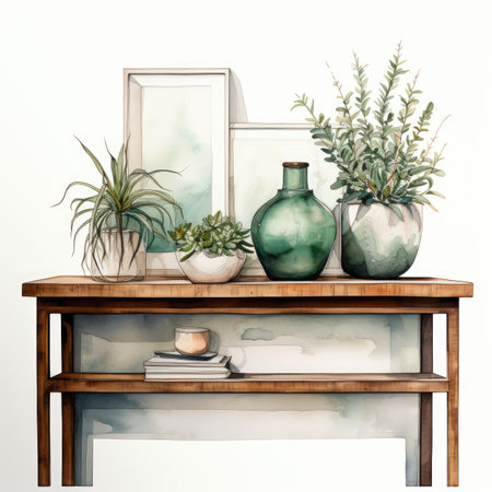 Watercolor Vase with plants on a wooden shelf.の素材