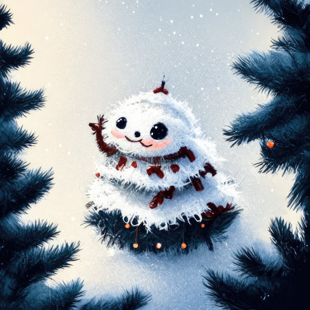 Snowman in winter forest. Christmas background.の素材