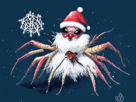 A creepy spider with a red nose and a Santa hat.の素材