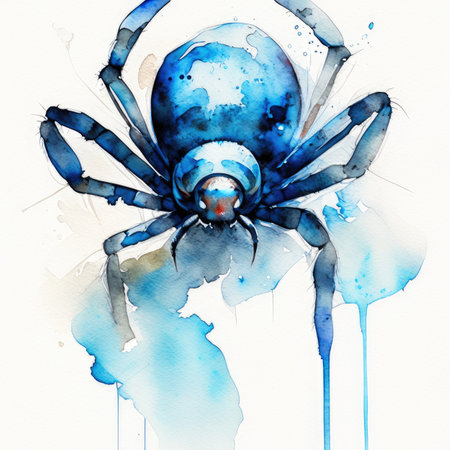 Watercolor blue spider on a white background.の素材