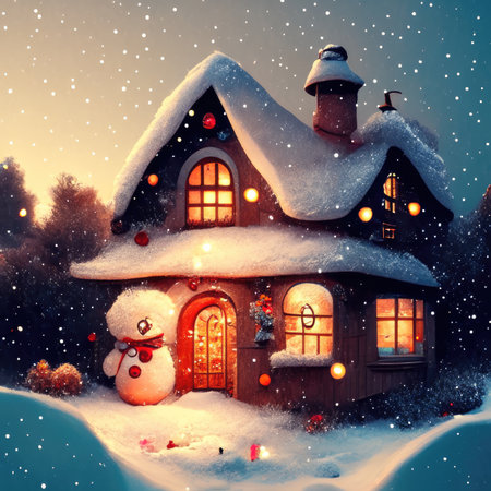Christmas and New Year background with gingerbread house, snowman and snowman.の素材