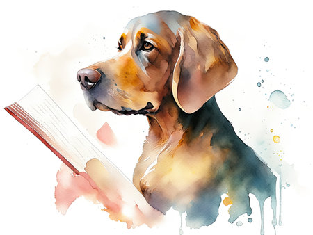 Watercolor Labrador Retriever with a book.の素材