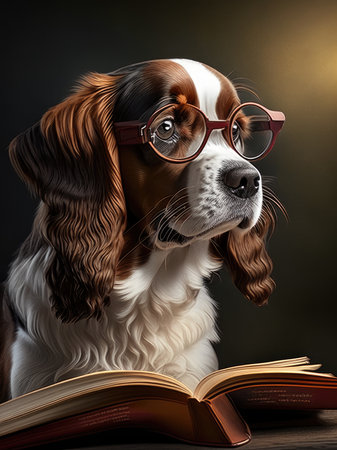 Cocker Spaniel with glasses and a book on a dark backgroundの素材