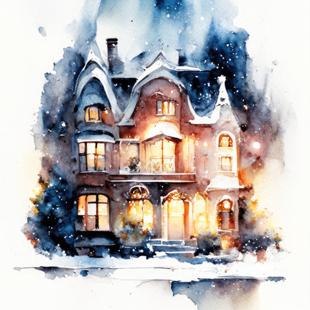 Watercolor beautiful old house on a snowy winter night.の素材