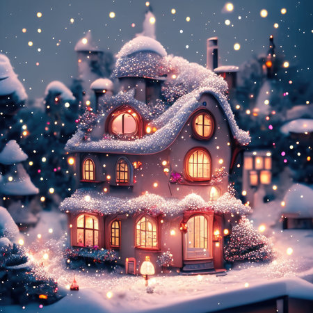 Christmas and New Year holidays background. Christmas tree in the shape of a house with lights.の素材