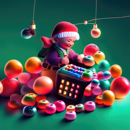 Cute little girl with colorful christmas balls and beads.の素材