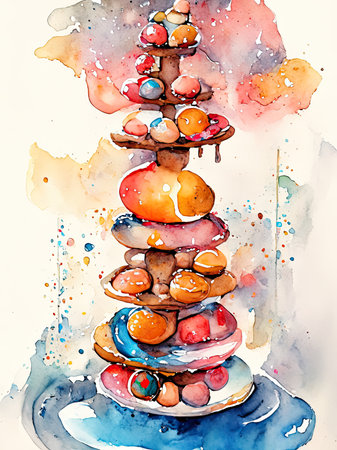 Watercolor stack of delicious donuts on a white backgroundの素材