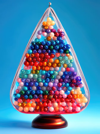 Christmas tree made of colored balls in a glass vase on a blue backgroundの素材