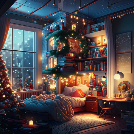 Room with a Christmas tree and decorations.の素材