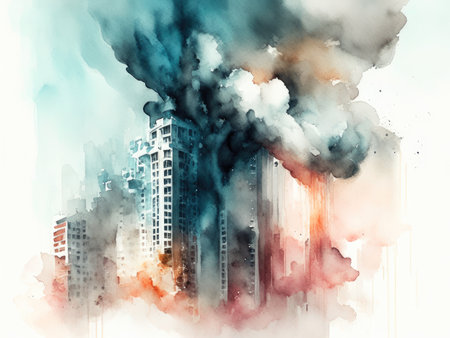 Watercolor Smoke from the chimneys of the city.の素材