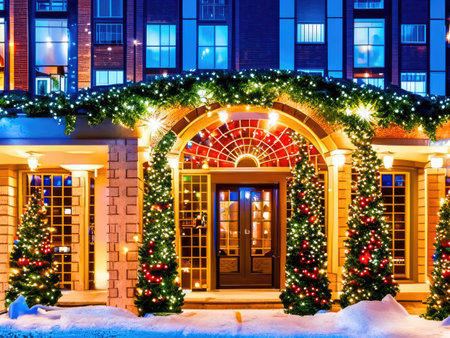 Beautiful decorated front door of a house decorated for Christmas holidays.の素材