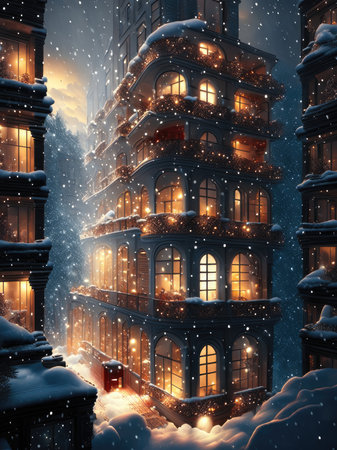 Beautiful winter night in old town with snowfallの素材