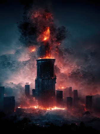 Big fire in the city. Disaster concept.の素材