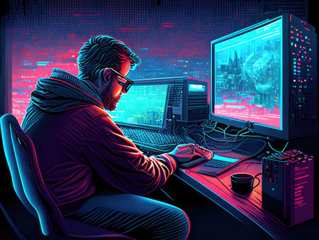 Cyber attack concept. Hacker stealing data from a computer monitor.の素材