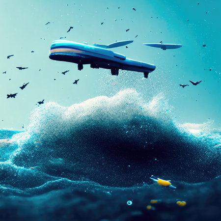 Airplane flying in the sky above the sea.の素材