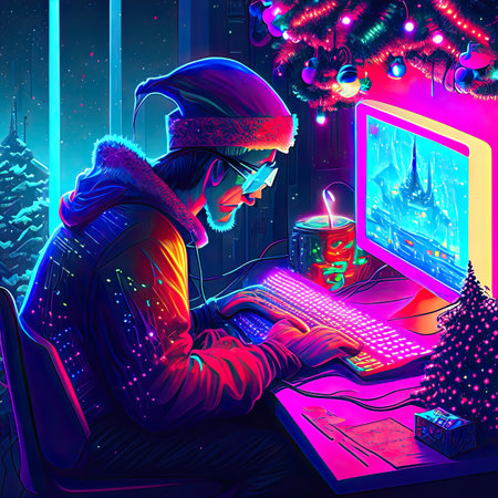 Hacker in a winter hat with a computer in his hands.の素材