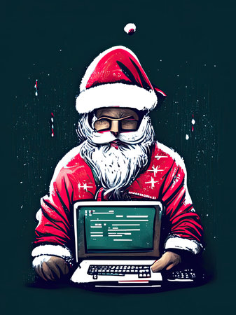 Santa Claus using a laptop computer on a dark background.の素材