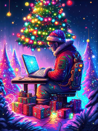 Santa Claus working on a laptop in the winter forest with Christmas treeの素材