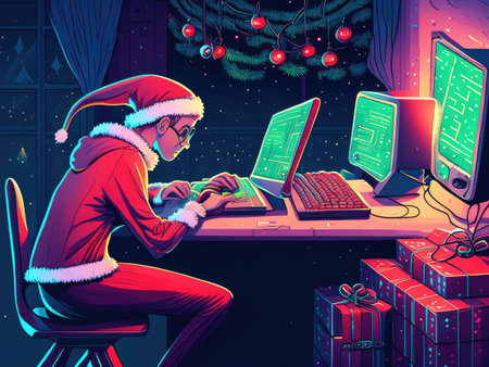 Santa Claus working on computer at home. Christmas and New Yearの素材