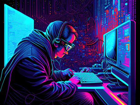 Cyber security concept. Young hacker in hoodie working on computer.の素材