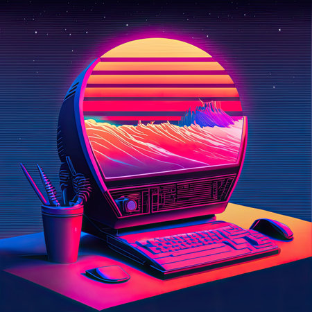 Retro computer monitor, mouse, keyboard and cup of coffee on the table.の素材