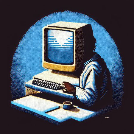 A man sitting in front of a computer monitor.の素材