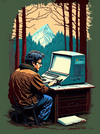 Man working on computer at the forest.の素材