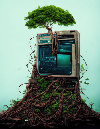 Tree growing out of a computer monitor.の素材