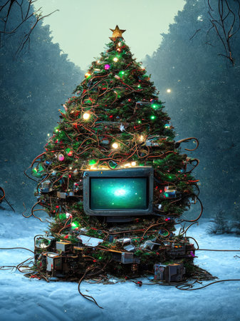 Christmas tree with old TV in the winter forest.の素材