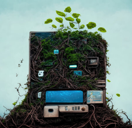 Mobile phone with green plant growing out of itの素材