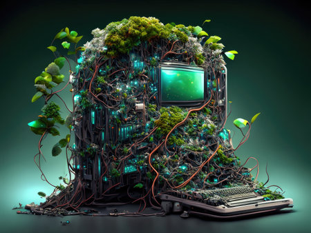 A green environment with a television and a plantの素材