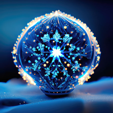 A crystal ball with blue and white snowflakesの素材