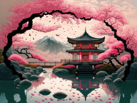 cherry blossom and pagoda in japanese style.の素材