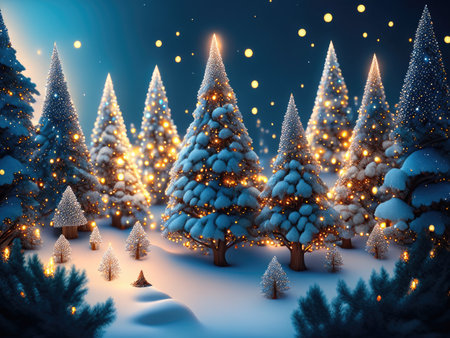 Winter forest with snow covered trees and christmas lights.の素材
