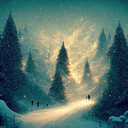 Snowfall in the forest. Winter landscape with snowflakes.の素材